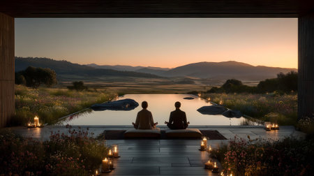 Man and woman meditating in yoga lotus pose on the edge of infinity swimming pool at sunset.ai generatedの素材