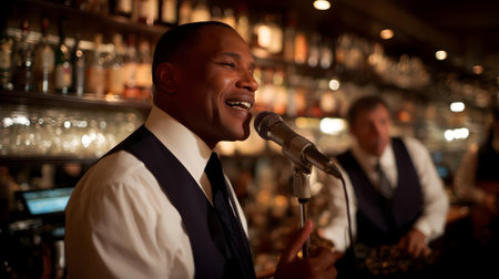 Portrait of handsome  man singing into a microphone in a nightclub.ai generatedの素材