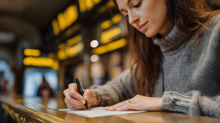 Young woman writing on a paper in a cafe. Close up.ai generatedの素材