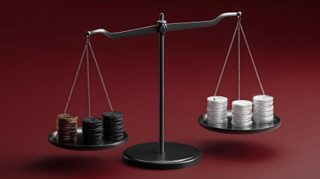 Coins on the scales of justice. 3D illustration. Financial concept.ai generatedの素材