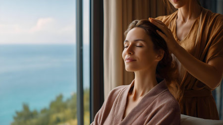 Beautiful young woman relaxing at home on the couch, enjoying the view from the window.ai generatedの素材