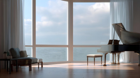 Piano in a room with a large window overlooking the sea.ai generatedの素材