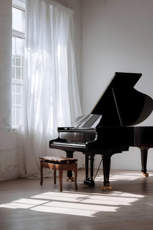 Grand piano in a white room with a window on the background.ai generatedの素材