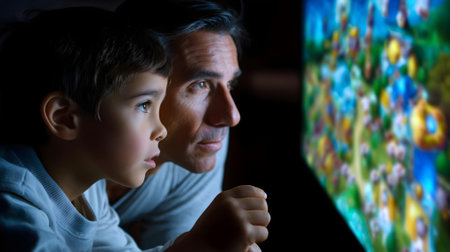 Grandfather and grandson looking at a painting on the wall at night.ai generatedの素材