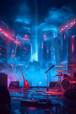 Guitar on stage with smoke and fog in the night city.ai generatedの素材