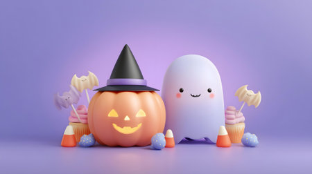 3d rendering of halloween ghost and pumpkin with candy on purple background.ai generatedの素材