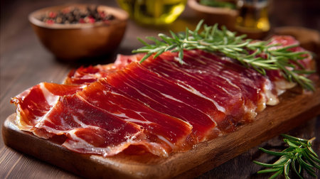 Slices of ham with rosemary on a cutting board.ai generatedの素材