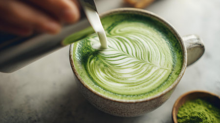 Close up of a cup of matcha latte on a table.ai generatedの素材