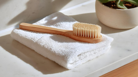 Bamboo toothbrush and white towel on the white marble countertop.ai generatedの素材