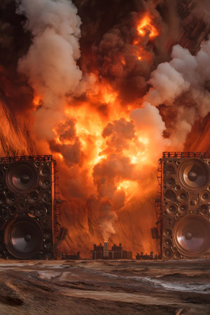 Dramatic scene of a fire in a night club with speakers.ai generatedの素材