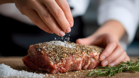 Close-up of chef's hands sprinkling salt on raw steak.ai generatedの素材