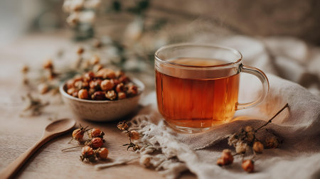 Cup of tea with dried flowers on wooden table, selective focus.ai generatedの素材