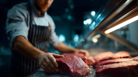 Close-up of a professional butcher cutting meat in a meat shop.ai generatedの素材