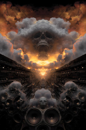 3D illustration of a futuristic background with a skull and speakers.ai generatedの素材