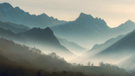 Mountain landscape with fog and sunlight. ai generatedの素材
