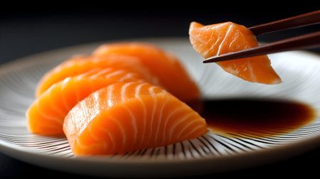 Salmon sashimi with chopsticks on a black background.ai generatedの素材