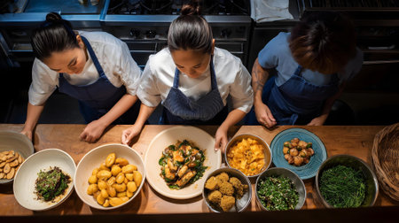 High angle view of young female chefs preparing food in kitchen at restaurant.ai generatedの素材