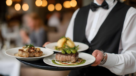 Waiter holding a plate with a steak on a table in a restaurant.ai generatedの素材