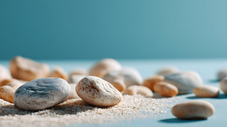 Spa still life with stones and sand on blue background, closeup.ai generatedの素材