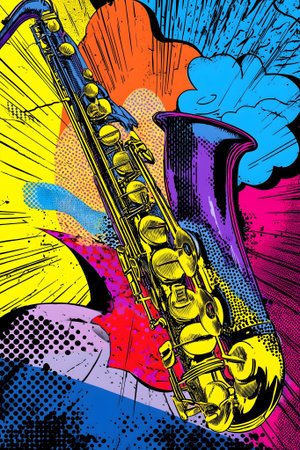 Saxophone on colorful background. Pop art style. Vector illustration.ai generatedの素材