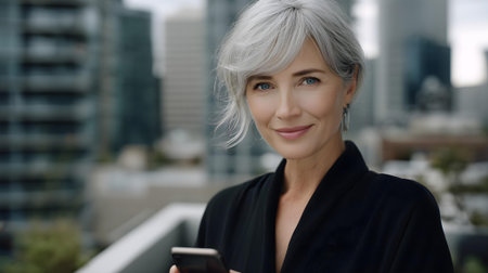 Portrait of a beautiful business woman with a smartphone in her hands.ai generatedの素材
