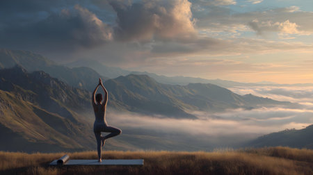Woman practicing yoga on a mountain meadow with mountains in the background.ai generatedの素材