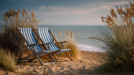 Beach chair on the sand dunes by the sea. Selective focus.ai generatedの素材