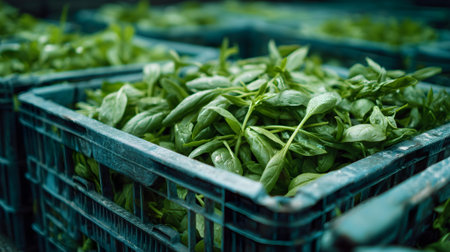 Fresh basil in plastic boxes on the market. Selective focus.ai generatedの素材