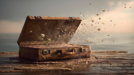 Old suitcase with flying petals on the beach. Concept of travel.ai generatedの素材