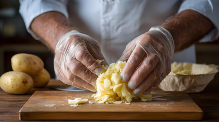 Close-up of male hands kneading potatoes on wooden board.ai generatedの素材