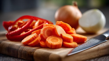 Sliced carrot and onion on a cutting board, selective focus.ai generatedの素材