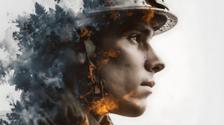 Portrait of a soldier in a military uniform. Smoke and fire.ai generatedの素材