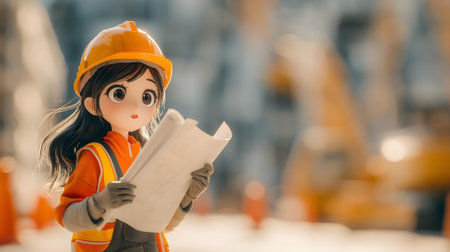 Cute little girl in a construction helmet with a blueprint at the construction site.ai generatedの素材