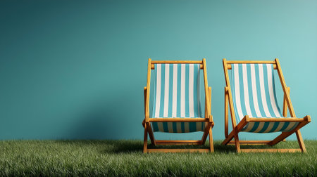 Two deckchairs on green grass. 3d rendering. Mock up.ai generatedの素材