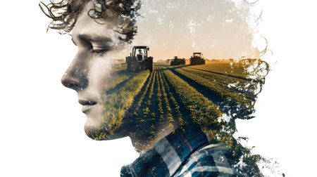 Double exposure of a young farmer in front of a combine harvester.ai generatedの素材