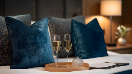 Two glasses of champagne on a wooden tray in a luxury hotel room.ai generatedの素材