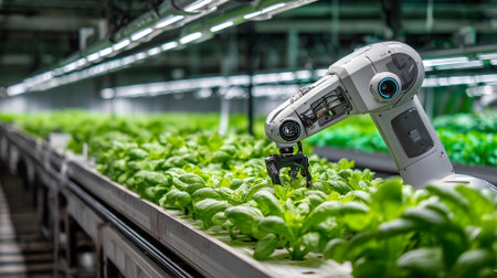 Industrial robot working in hydroponic farm,Smart agriculture technology concept.ai generatedの素材