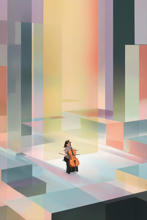 Young woman playing the cello on a colorful background. 3d rendering.ai generatedの素材