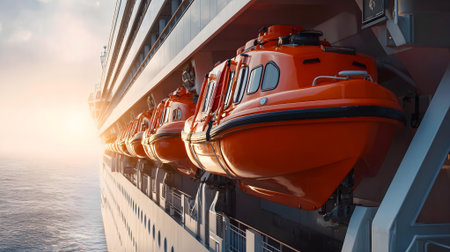 A row of orange lifeboats on a cruise ship. 3d rendering.ai generatedの素材