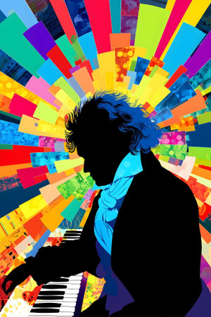 pianist playing the piano on a colorful background with space for text.ai generatedの素材