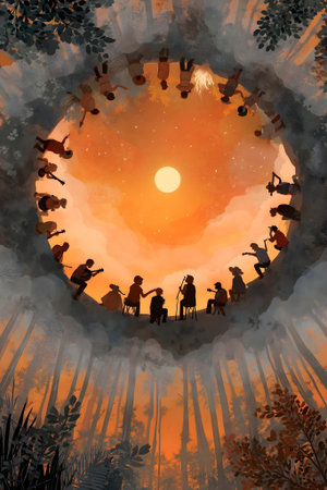 Illustration of a group of people enjoying the sunset in the forest.ai generatedの素材