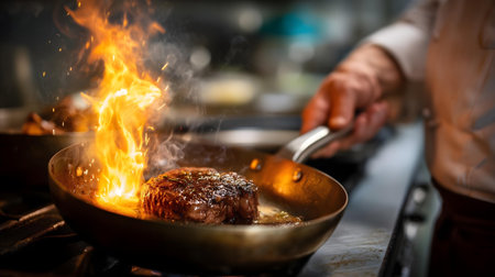 Chef cooking beef steak in a pan at a restaurant kitchen.ai generatedの素材