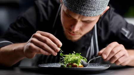 Chef decorating a salad with arugula in a restaurant.ai generatedの素材