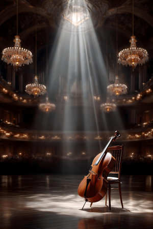 Classical concert hall with a violin and a spotlight. 3d rendering.ai generatedの素材