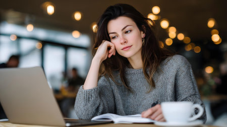 Portrait of a beautiful young woman sitting at a table in a cafe and working on a laptop.ai generatedの素材