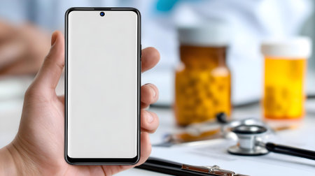 male doctor hand holding smart phone with blank screen and stethoscope on table.ai generatedの素材