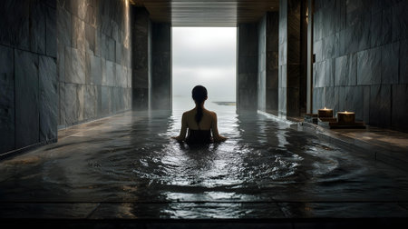 Woman sitting on the edge of a pool looking at the sea.ai generatedの素材