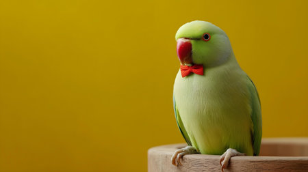 Green parrot with a red bow on its head on a yellow background.ai generatedの素材