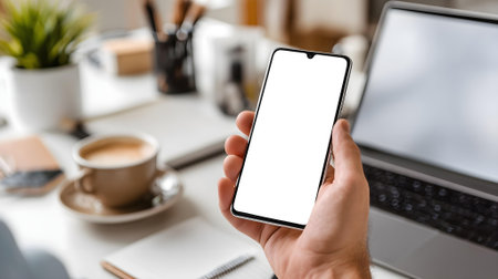 male hands holding phone with isolated screen on office table. mock up.ai generatedの素材