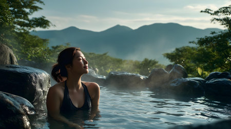 Beautiful woman relaxing in hot tub in hot spring, ai generatedの素材